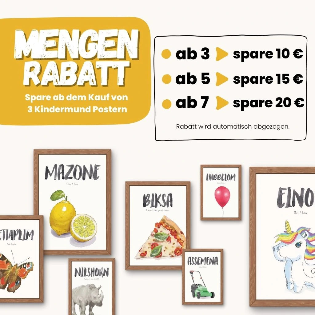 Mengenrabatt für personalisierbare Kindermundposter - ab 3 Postern sparen