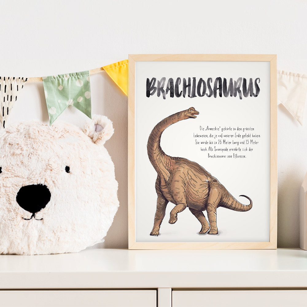 Dinoposter Brachiosaurus im Rahmen im Kinderzimmer – Poster als Dekoration und Geschenk