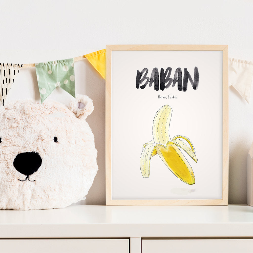 Kindermundposter Banane im Kinderzimmer – personalisiertes Poster als Dekoration und Geschenk
