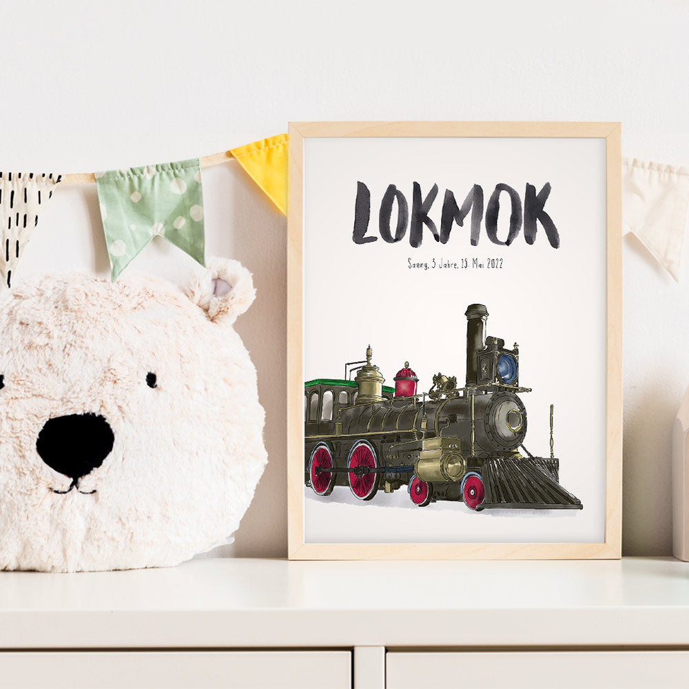 Kindermundposter Lokomotive im Kinderzimmer – personalisiertes Poster als Dekoration und Geschenk