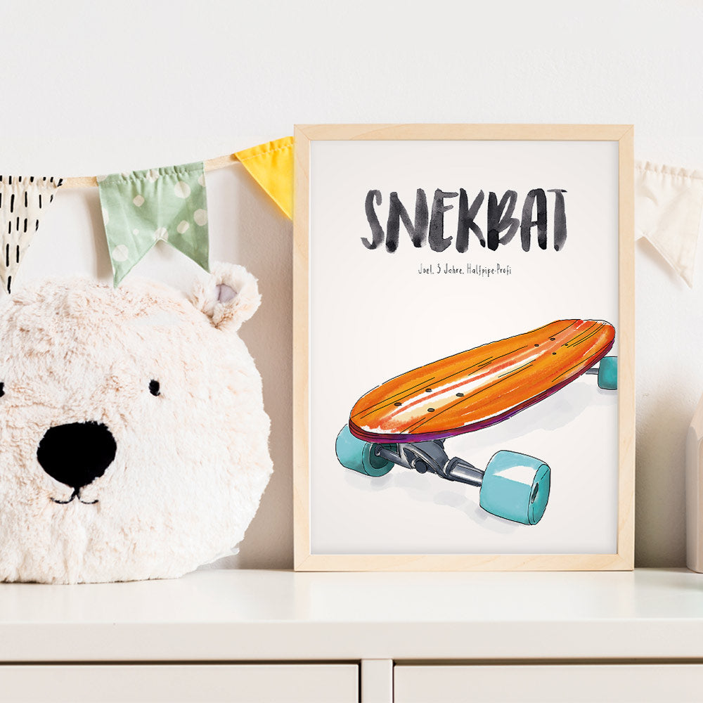 Kindermundposter Skateboard im Kinderzimmer – personalisiertes Poster als Dekoration und Geschenk