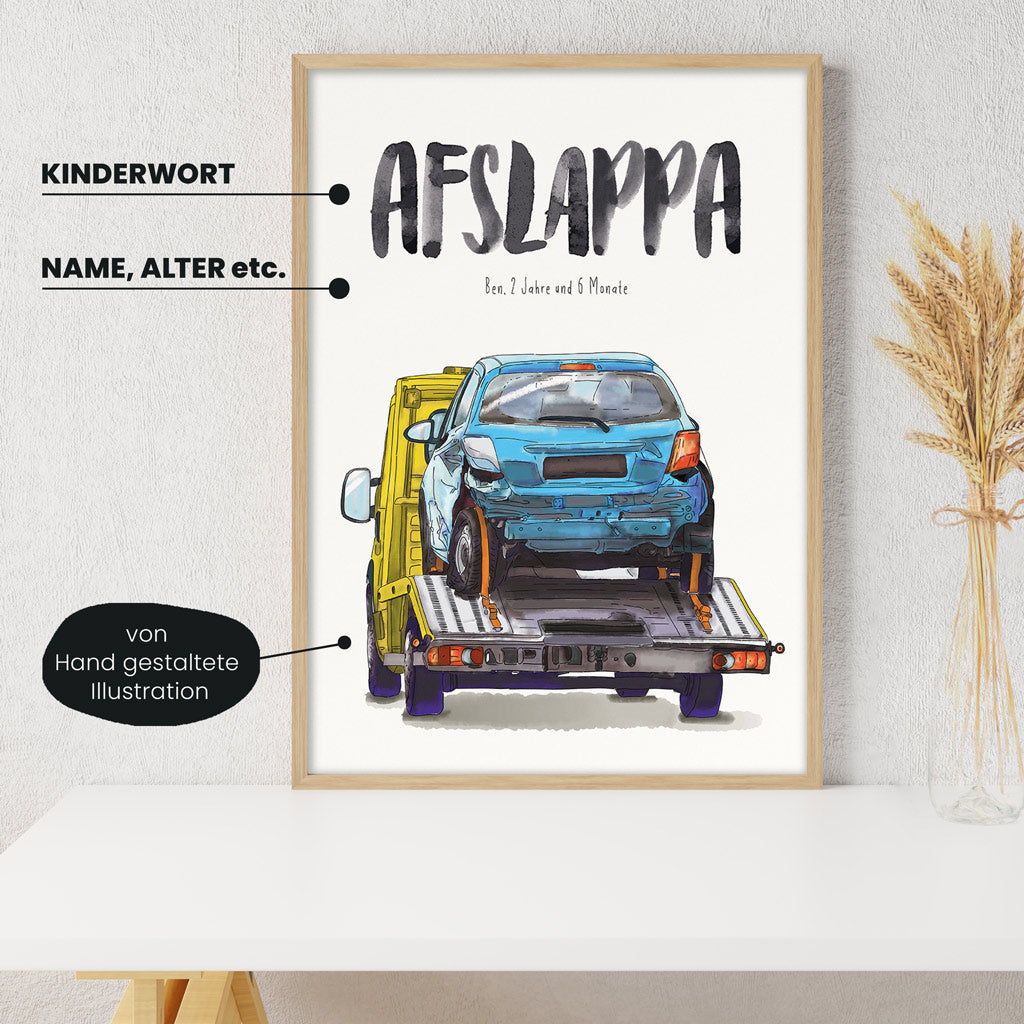 Detailansicht Kindermundposter Abschleppwagen: Erklärungen der personalisierbaren Elemente - einzigartiges Erinnerungsstück für Eltern