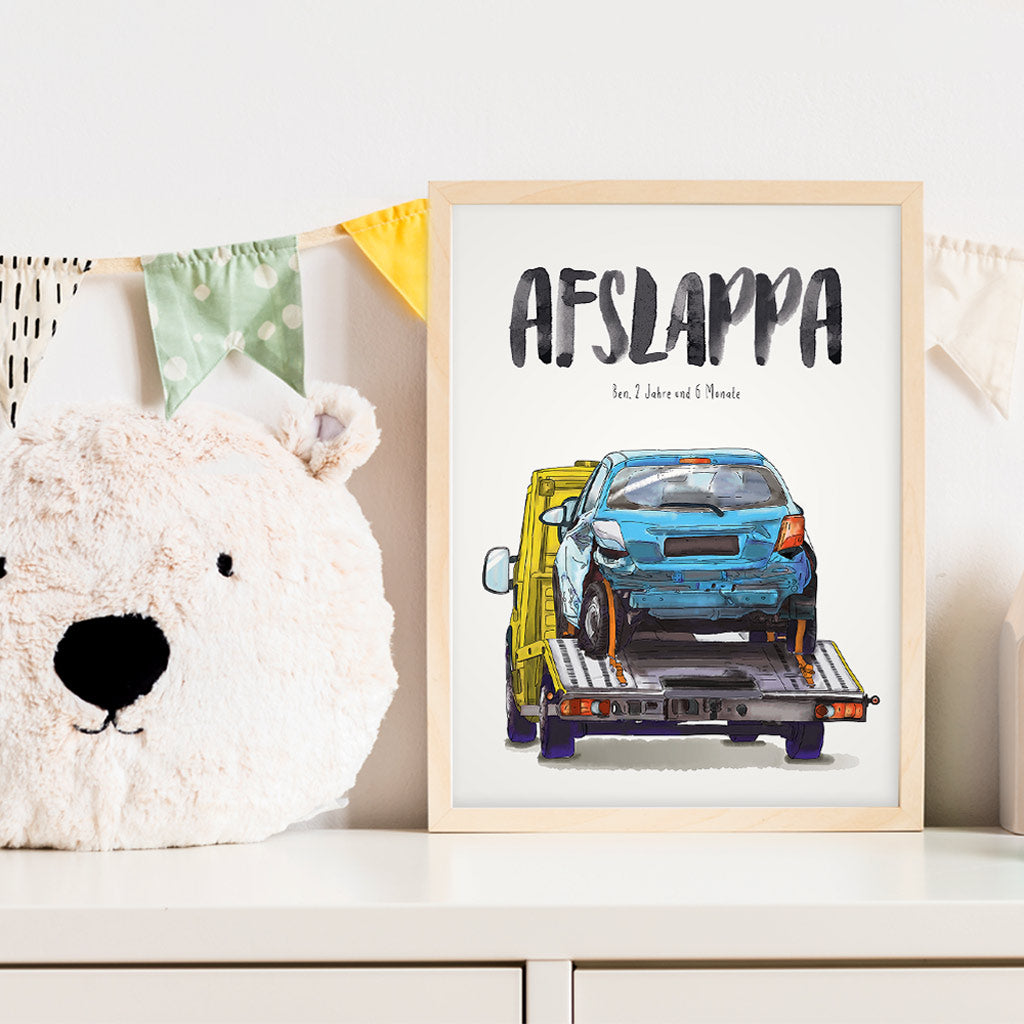 Kindermundposter Abschleppwagen im Kinderzimmer – personalisiertes Poster als Dekoration und Geschenk