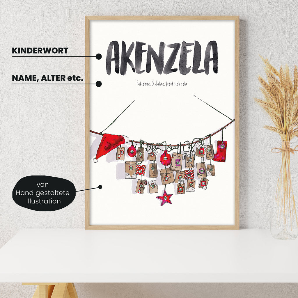 Detailansicht Kindermundposter Adventskalender: Erklärungen der personalisierbaren Elemente - einzigartiges Erinnerungsstück für Eltern