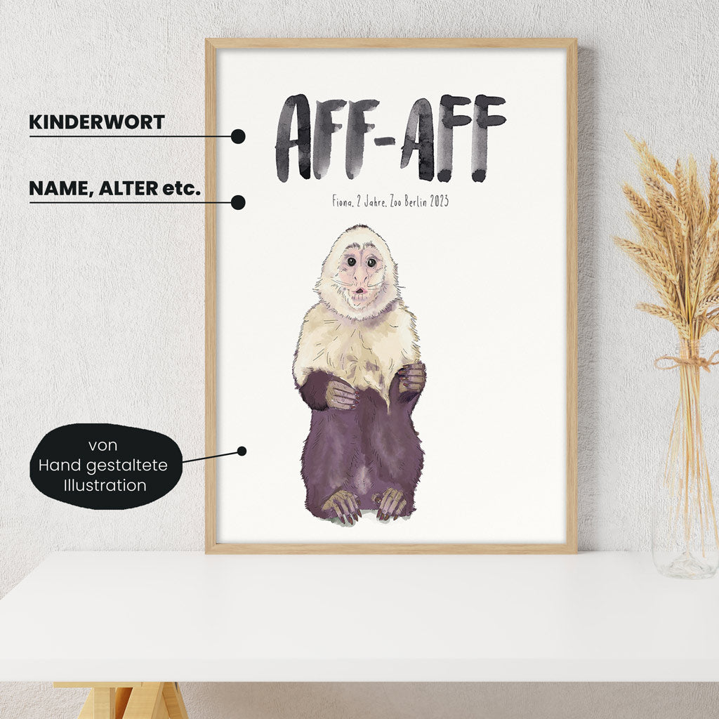 Detailansicht Kindermundposter Kapuzineraffe: Erklärungen der personalisierbaren Elemente - einzigartiges Erinnerungsstück für Eltern