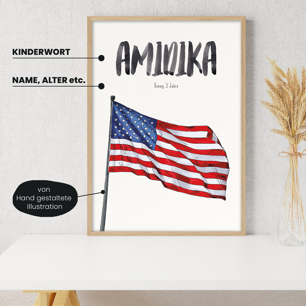Detailansicht Kindermundposter Amerika mit Erklärungen der personalisierbaren Elemente - einzigartiges Erinnerungsstück für Eltern