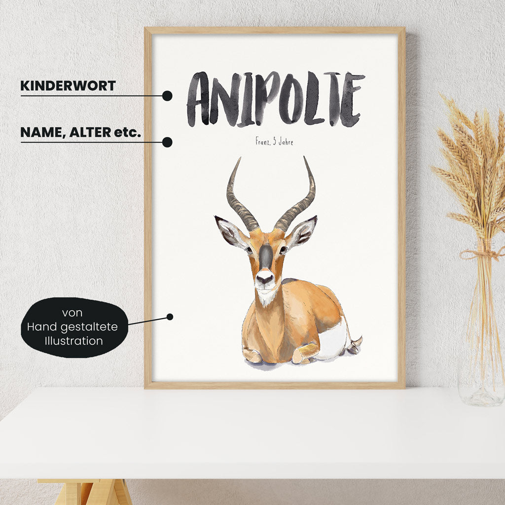 Detailansicht Kindermundposter Antilope: Erklärungen der personalisierbaren Elemente - einzigartiges Erinnerungsstück für Eltern