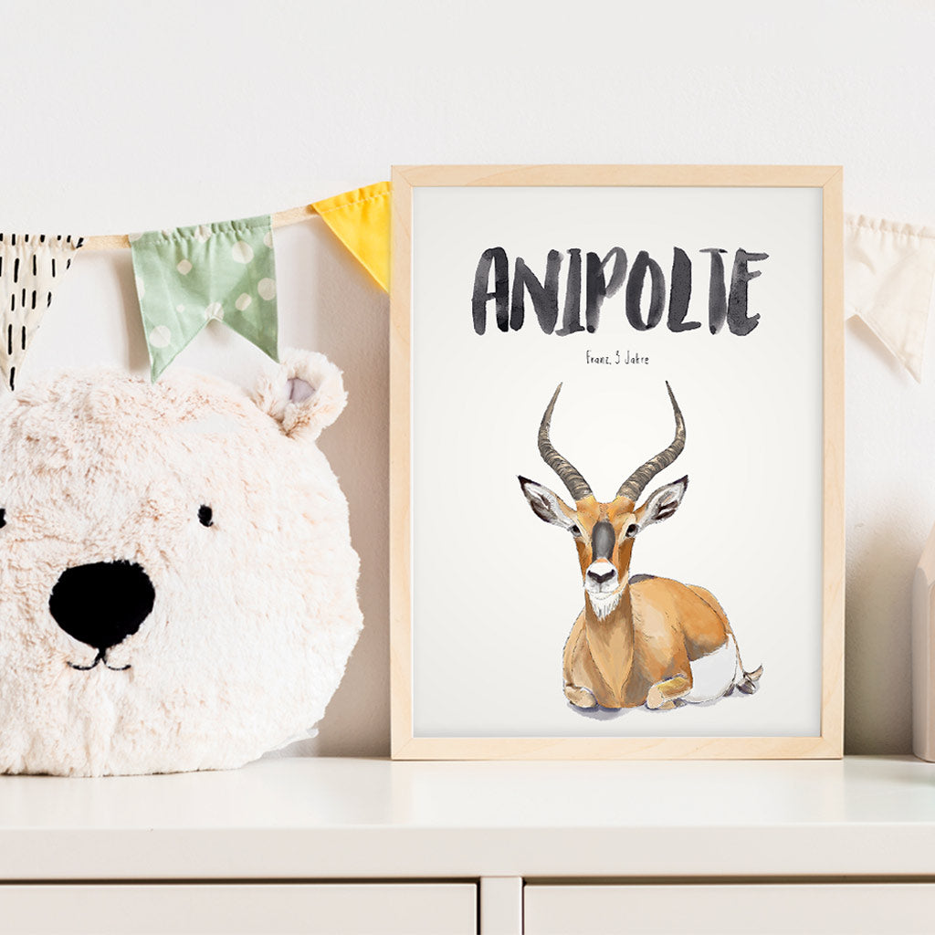 Kindermundposter Antilope im Kinderzimmer – personalisiertes Poster als Dekoration und Geschenk