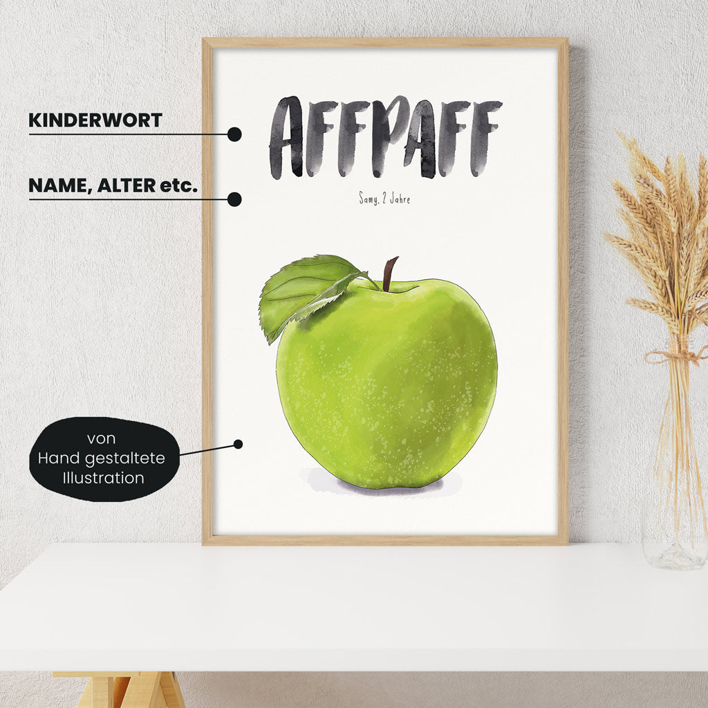 Detailansicht Kindermundposter Apfel: Erklärungen der personalisierbaren Elemente - einzigartiges Erinnerungsstück für Eltern