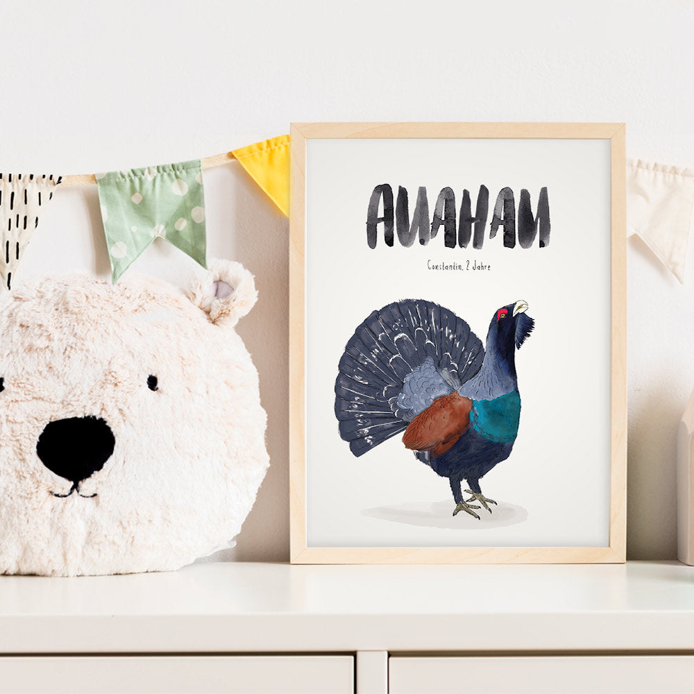 Kindermundposter Auerhahn im Kinderzimmer – personalisiertes Poster als Dekoration und Geschenk