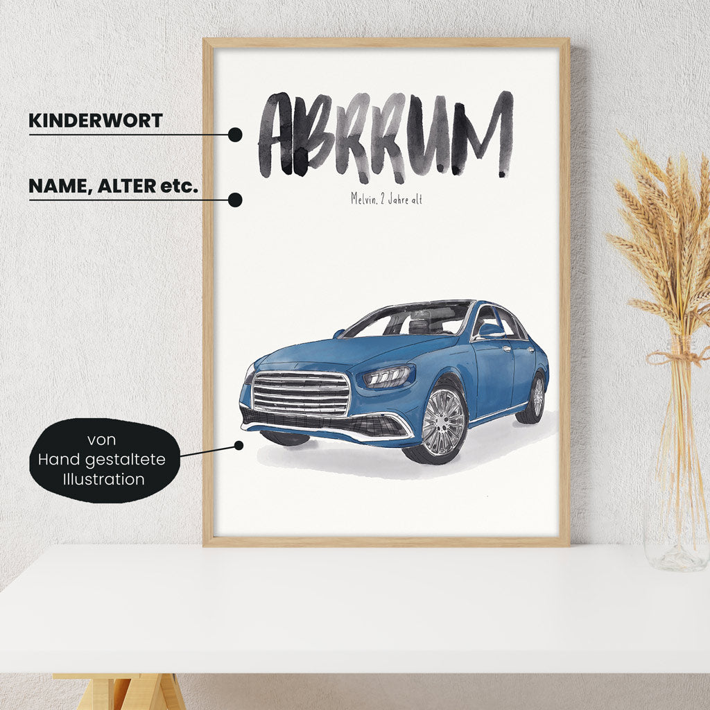 Detailansicht Kindermundposter Auto: Erklärungen der personalisierbaren Elemente - einzigartiges Erinnerungsstück für Eltern