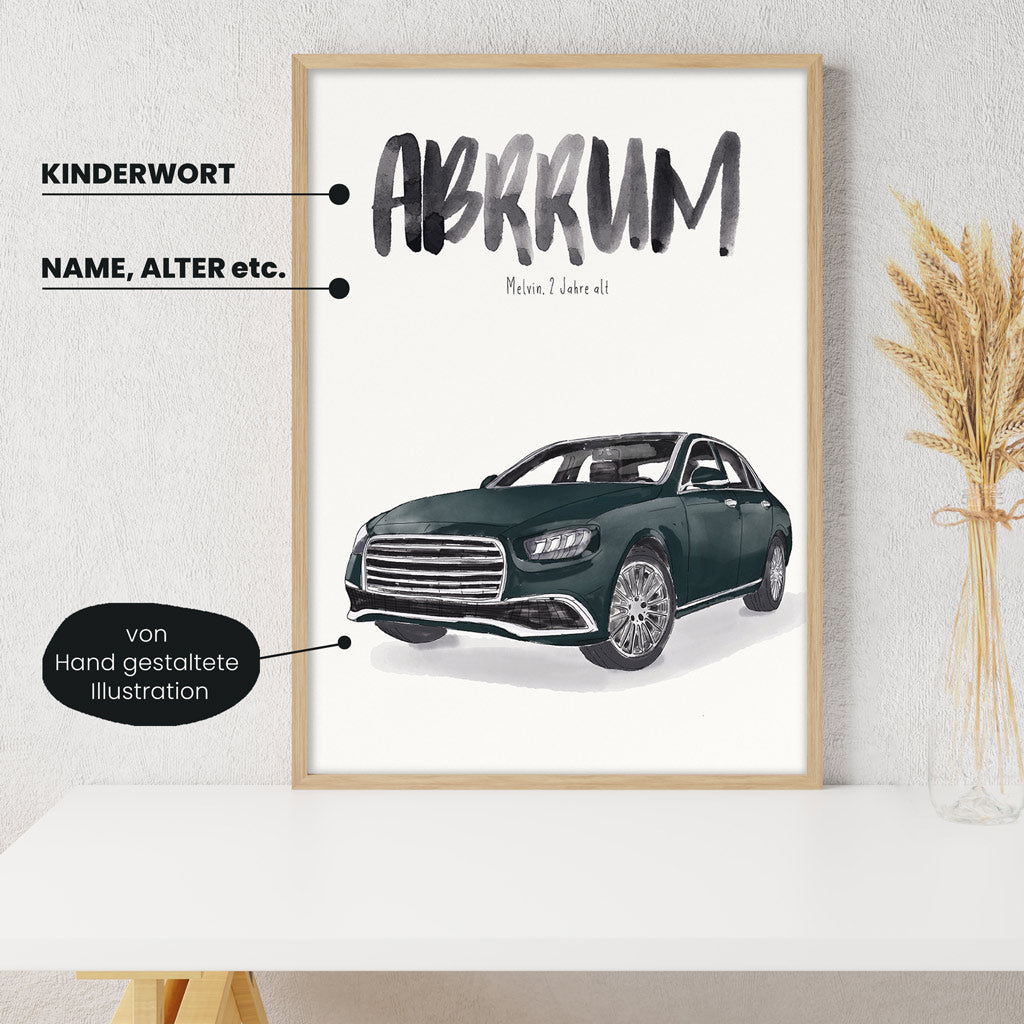 Detailansicht Kindermundposter Auto: Erklärungen der personalisierbaren Elemente - einzigartiges Erinnerungsstück für Eltern