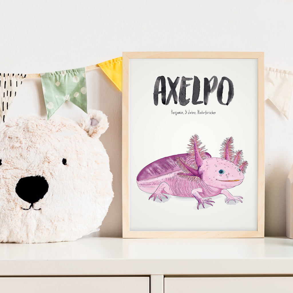 Kindermundposter Axolotl im Kinderzimmer – personalisiertes Poster als Dekoration und Geschenk