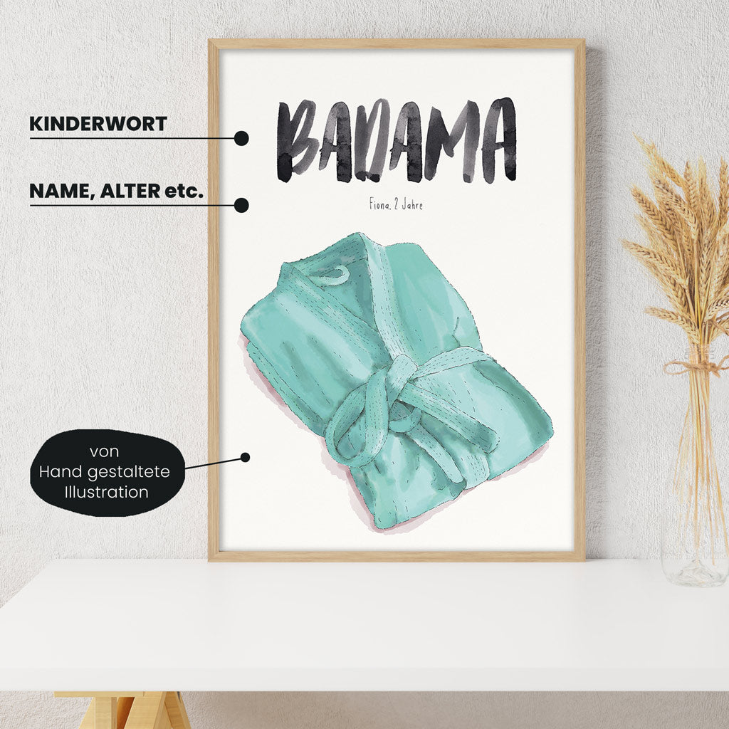 Detailansicht Kindermundposter Bademantel: Erklärungen der personalisierbaren Elemente - einzigartiges Erinnerungsstück für Eltern