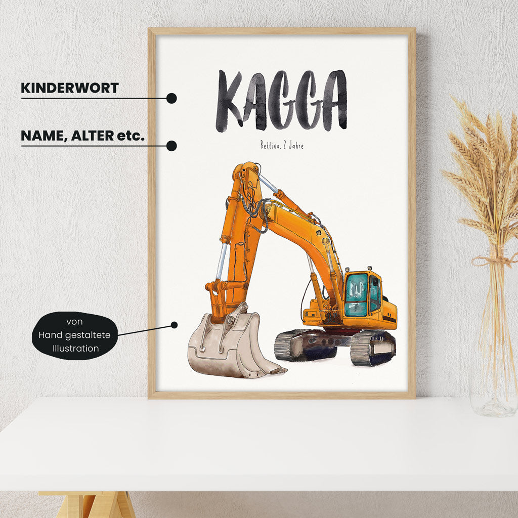 Detailansicht Kindermundposter Bagger mit Erklärungen der personalisierbaren Elemente - einzigartiges Erinnerungsstück für Eltern