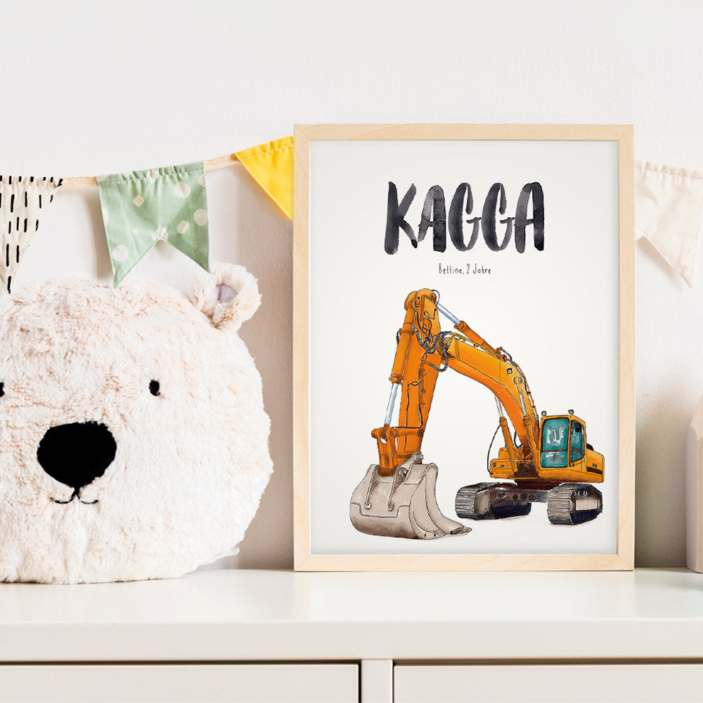 Kindermundposter Bagger im Kinderzimmer – personalisiertes Poster als Dekoration und Geschenk