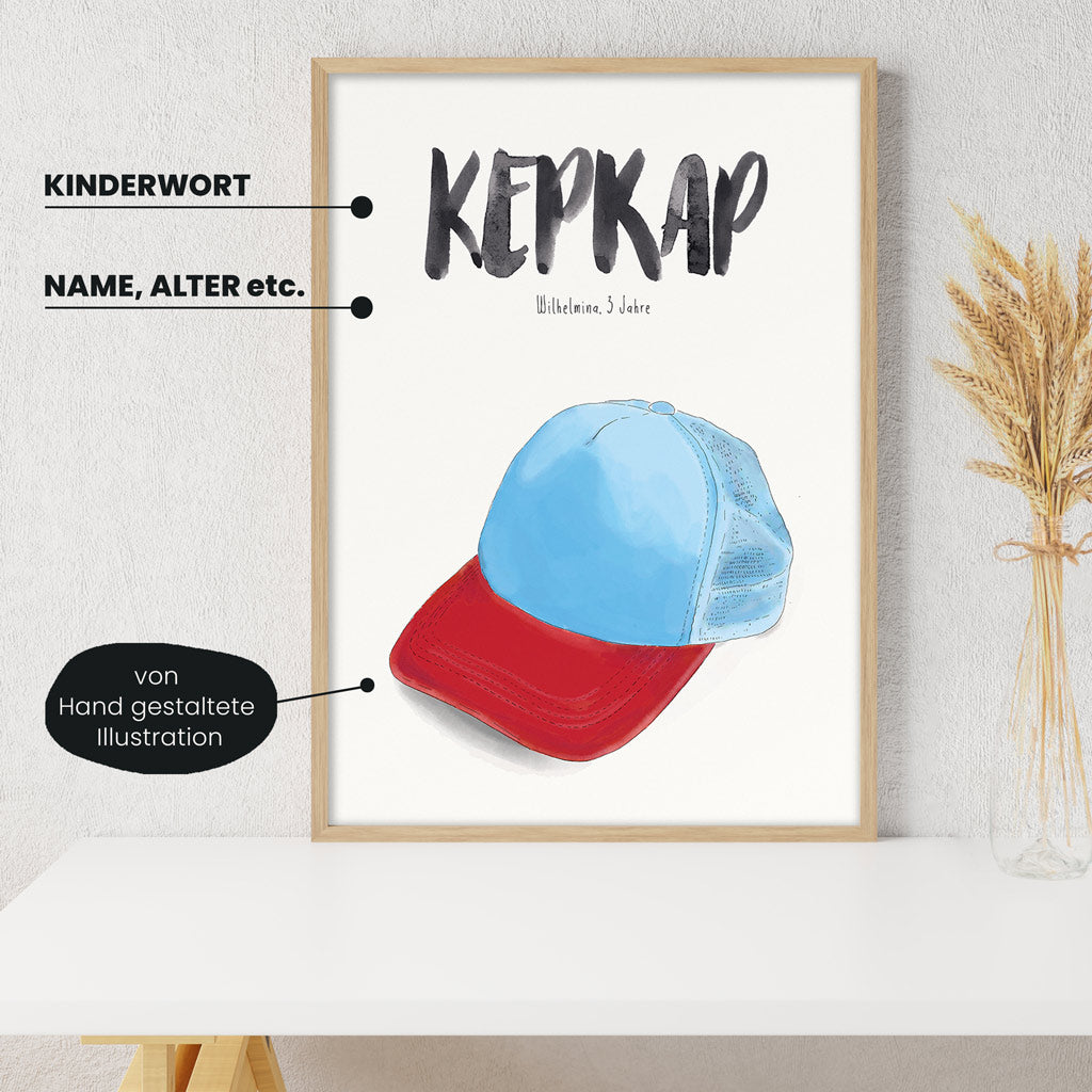 Detailansicht Kindermundposter Baseballcap: Erklärungen der personalisierbaren Elemente - einzigartiges Erinnerungsstück für Eltern