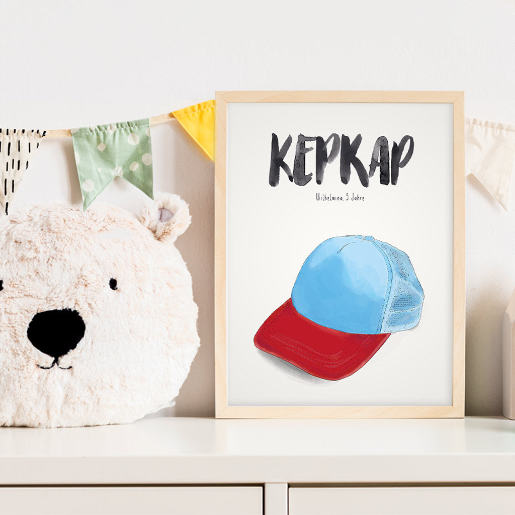 Kindermundposter Baseballcap im Kinderzimmer – personalisiertes Poster als Dekoration und Geschenk
