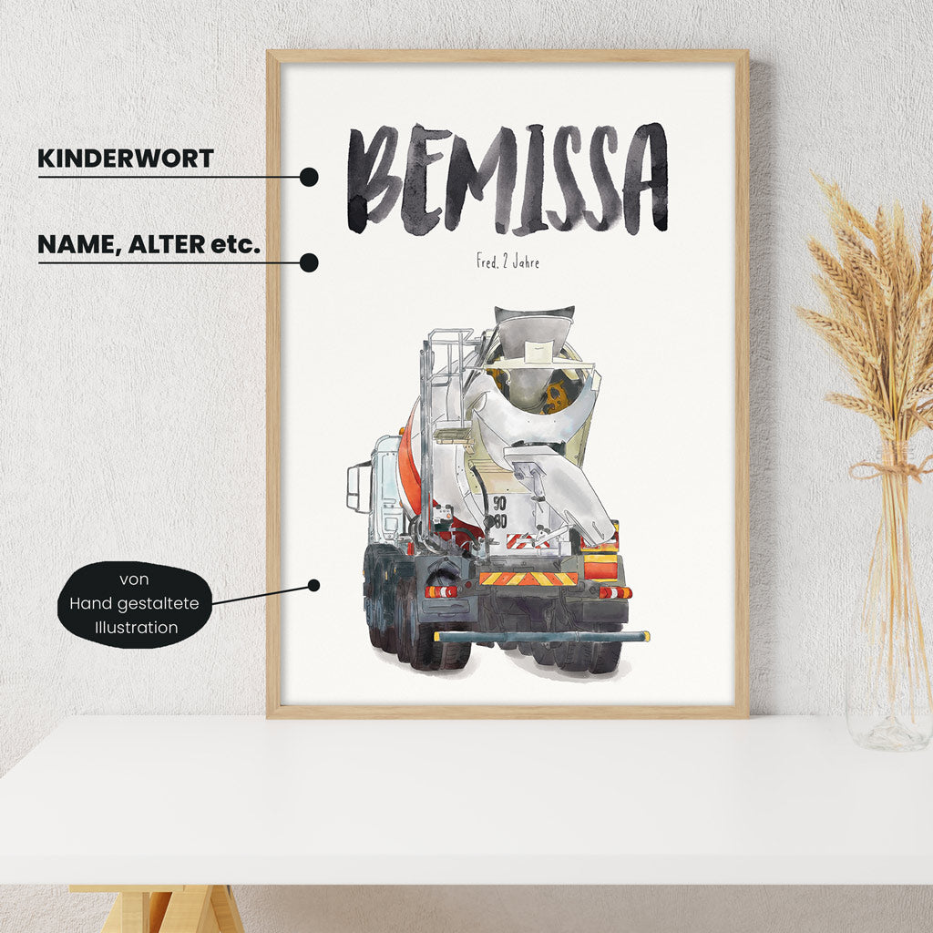 Detailansicht Kindermundposter Betonmischer - Erklärungen der personalisierbaren Elemente - einzigartiges Erinnerungsstück für Eltern