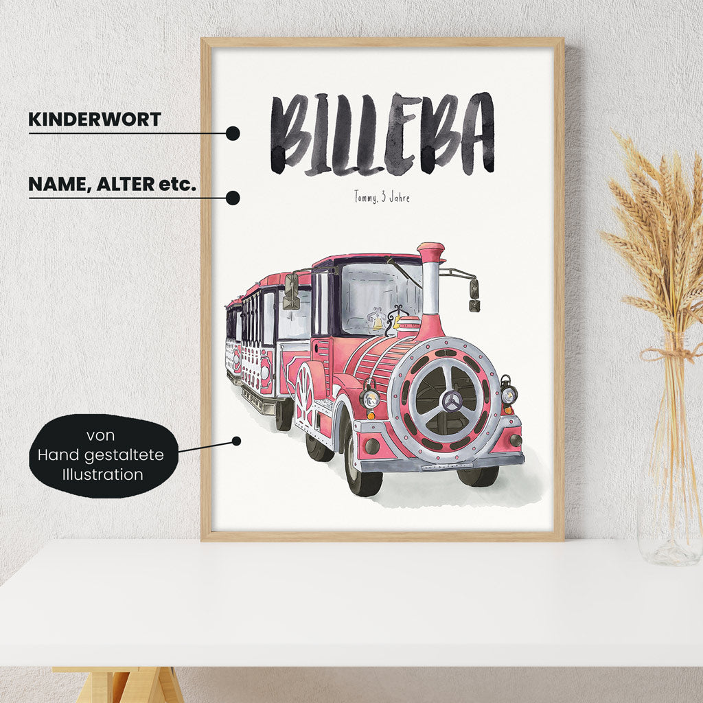 Detailansicht Kindermundposter Bimmelbahn: Erklärungen der personalisierbaren Elemente - einzigartiges Erinnerungsstück für Eltern