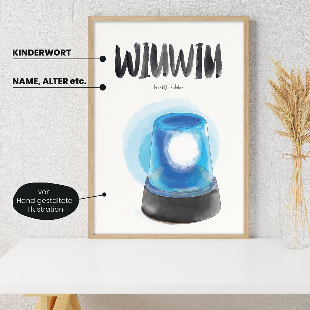 Detailansicht Kindermundposter Blaulicht: Erklärungen der personalisierbaren Elemente - einzigartiges Erinnerungsstück für Eltern