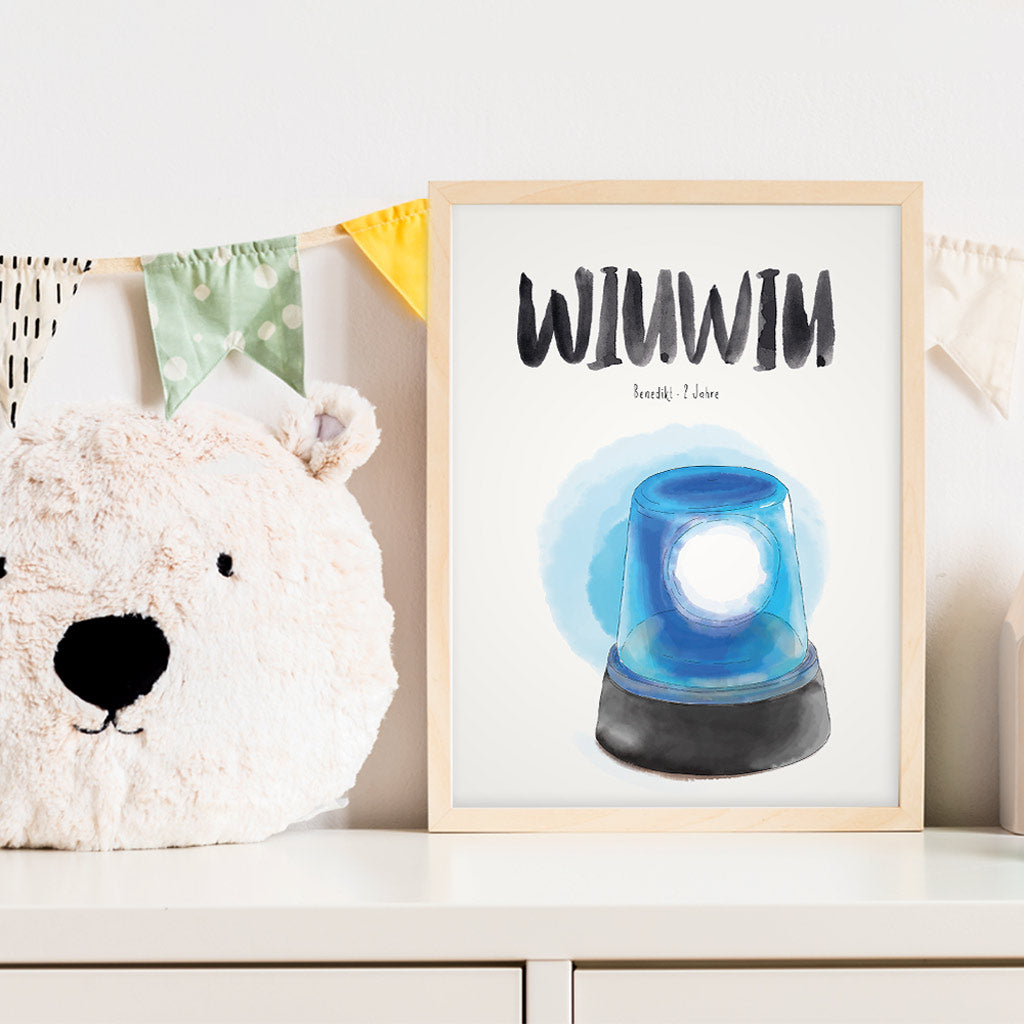 Kindermundposter Blaulicht im Kinderzimmer – personalisiertes Poster als Dekoration und Geschenk