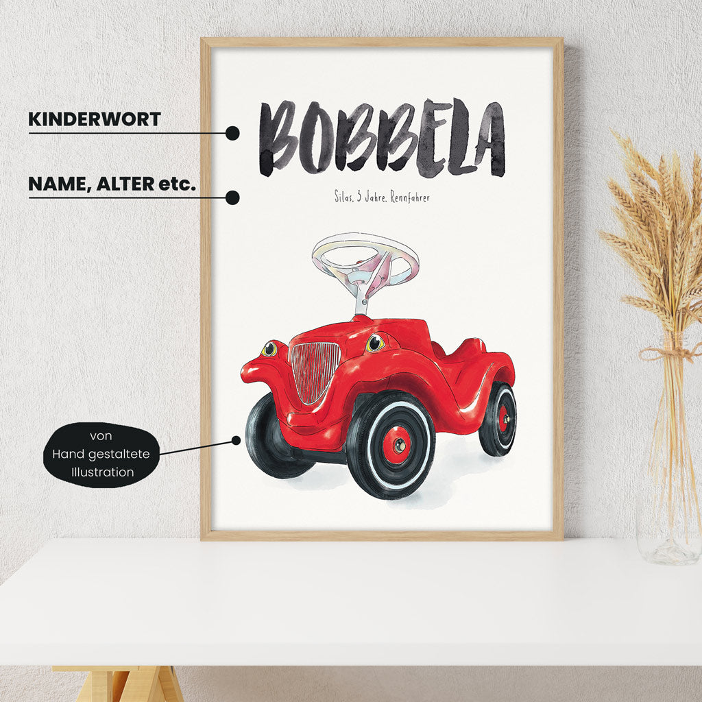 Detailansicht Kindermundposter Rutschauto: Erklärungen der personalisierbaren Elemente - einzigartiges Erinnerungsstück für Eltern