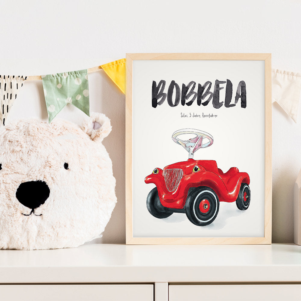 Kindermundposter Rutschauto im Kinderzimmer – personalisiertes Poster als Dekoration und Geschenk