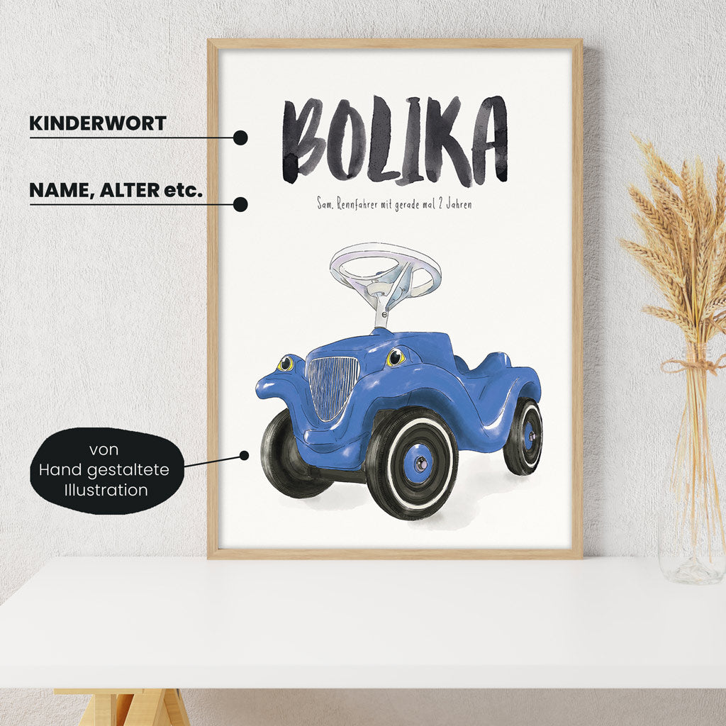 Detailansicht Kindermundposter Rutschauto: Erklärungen der personalisierbaren Elemente - einzigartiges Erinnerungsstück für Eltern