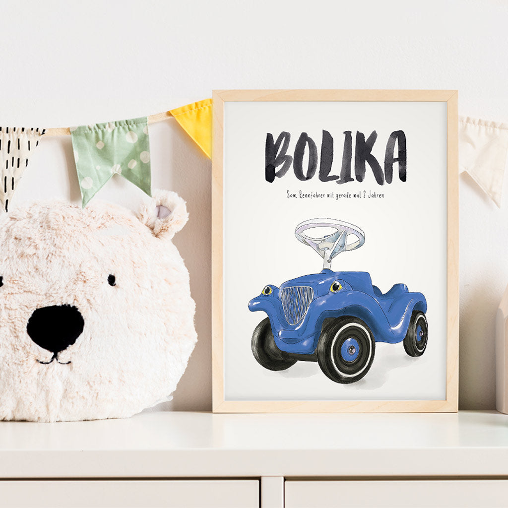 Kindermundposter Rutschauto im Kinderzimmer – personalisiertes Poster als Dekoration und Geschenk
