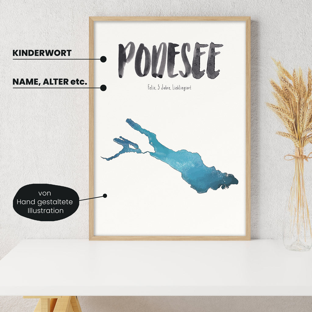 Detailansicht Kindermundposter Bodensee: Erklärungen der personalisierbaren Elemente - einzigartiges Erinnerungsstück für Eltern