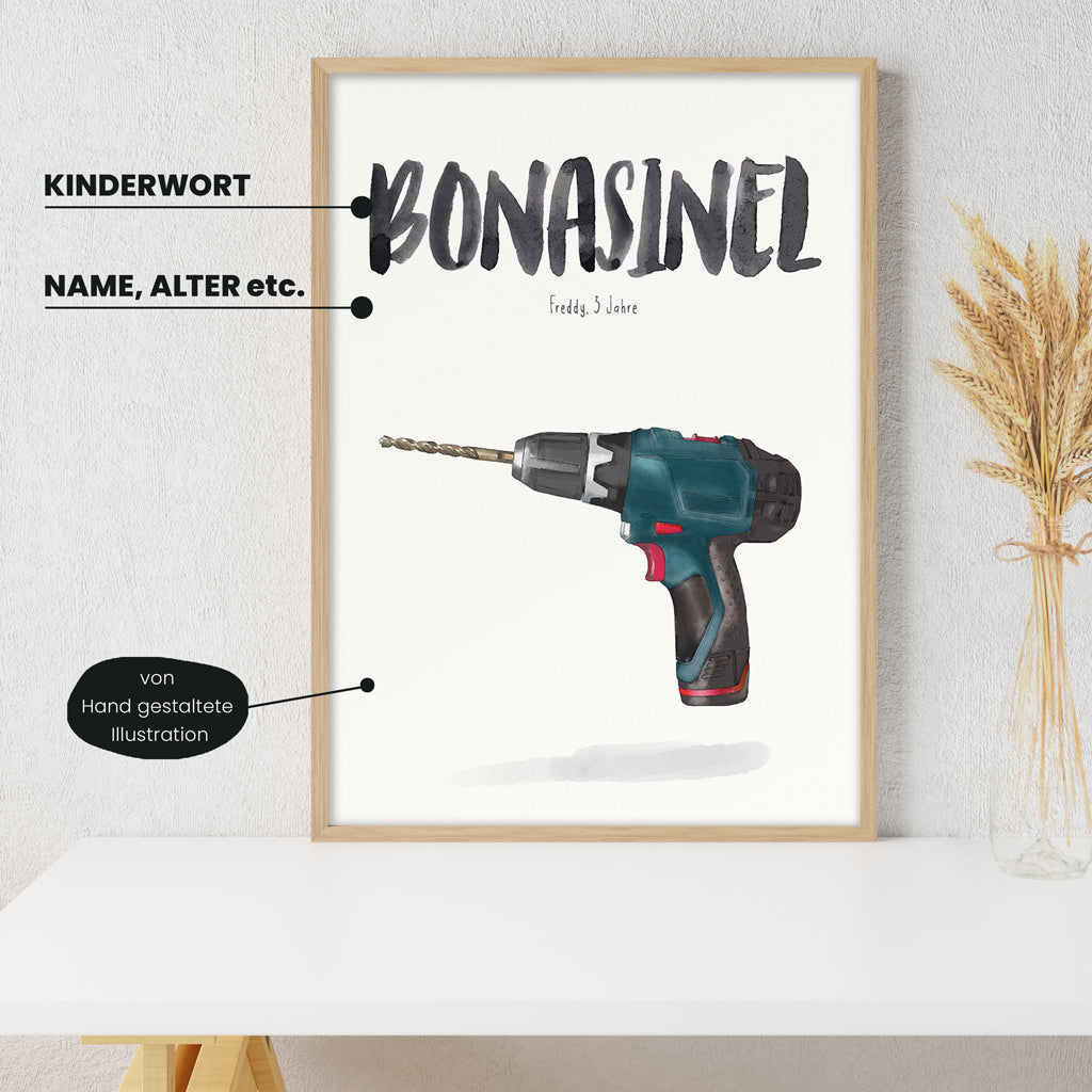 Detailansicht Kindermundposter Bohrmaschine: Erklärungen der personalisierbaren Elemente - einzigartiges Erinnerungsstück für Eltern