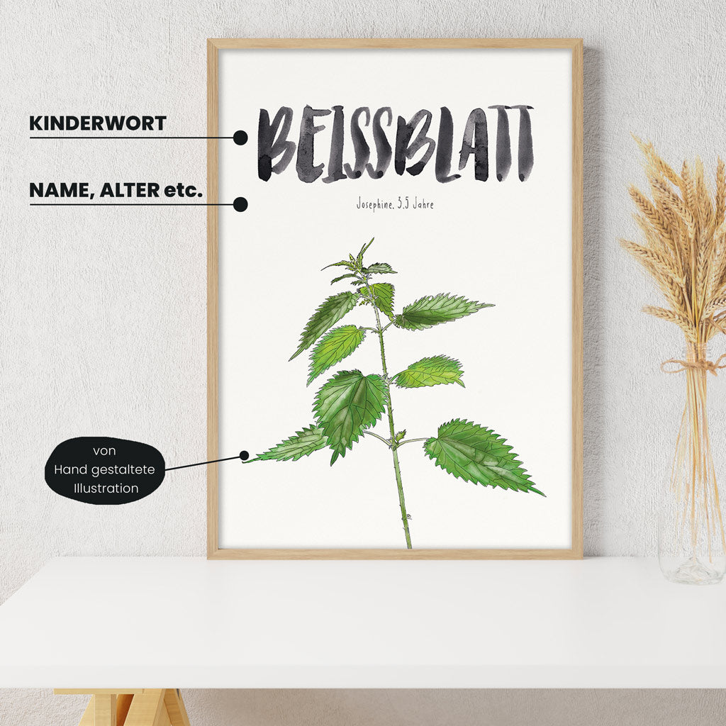 Detailansicht Kindermundposter Brennnessel: Erklärungen der personalisierbaren Elemente - einzigartiges Erinnerungsstück für Eltern