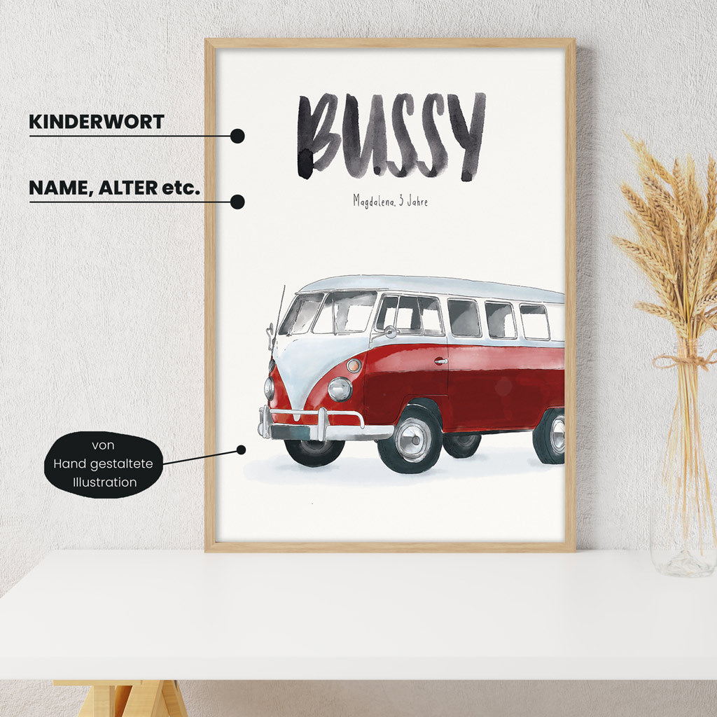 Detailansicht Kindermundposter Kleinbus: Erklärungen der personalisierbaren Elemente - einzigartiges Erinnerungsstück für Eltern