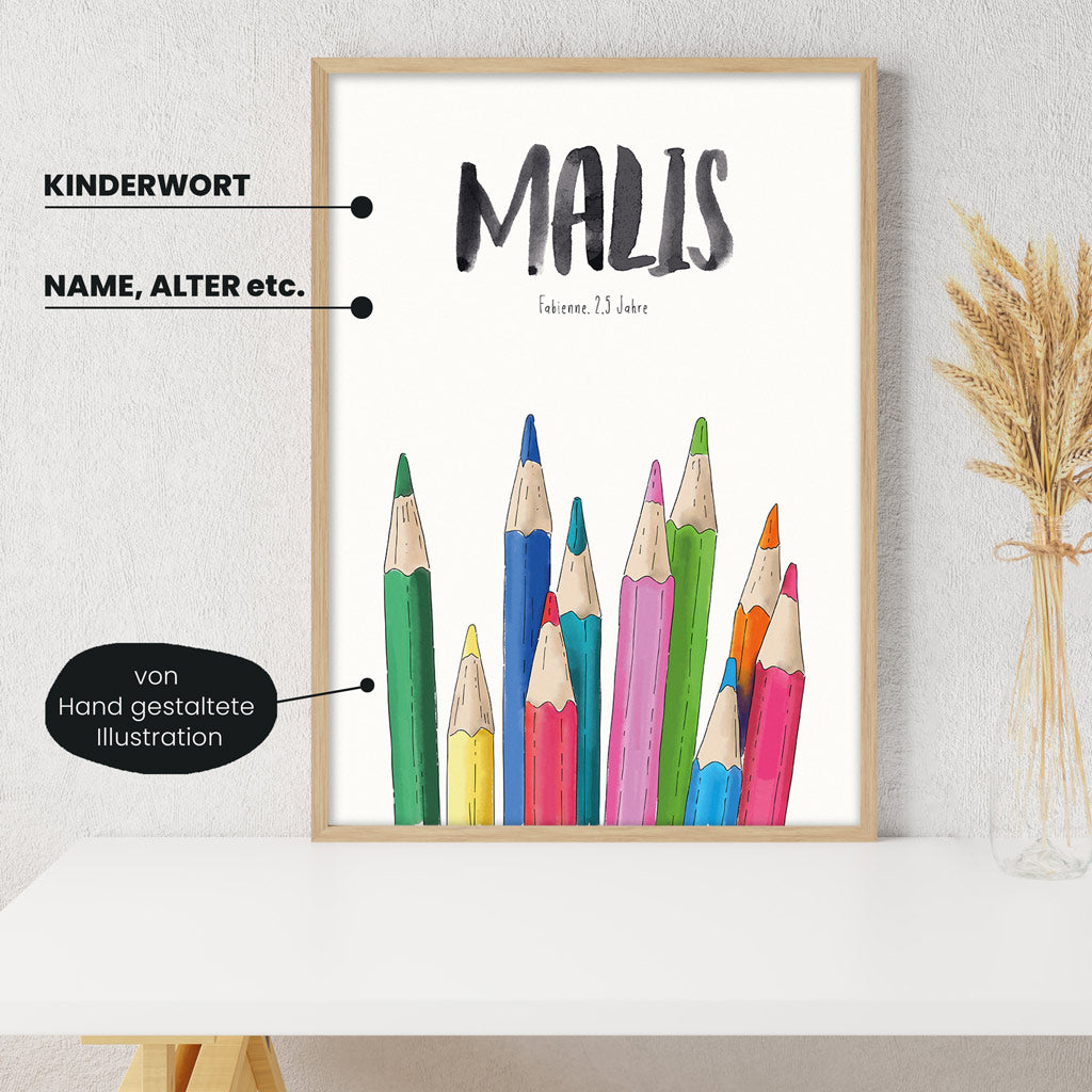 Detailansicht Kindermundposter Buntstifte: Erklärungen der personalisierbaren Elemente - einzigartiges Erinnerungsstück für Eltern