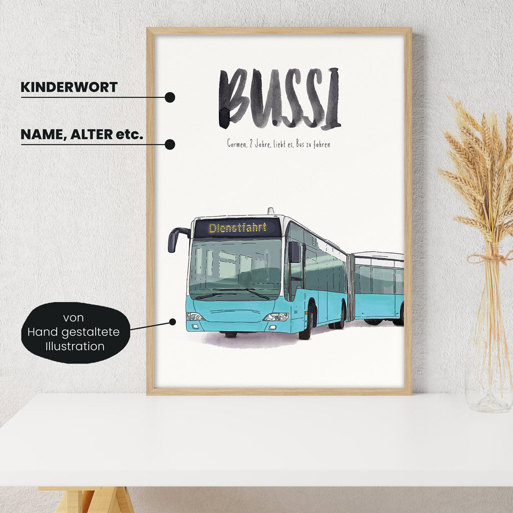 Detailansicht Kindermundposter Bus: Erklärungen der personalisierbaren Elemente - einzigartiges Erinnerungsstück für Eltern