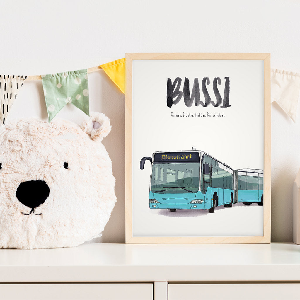 Kindermundposter Bus im Kinderzimmer – personalisiertes Poster als Dekoration und Geschenk