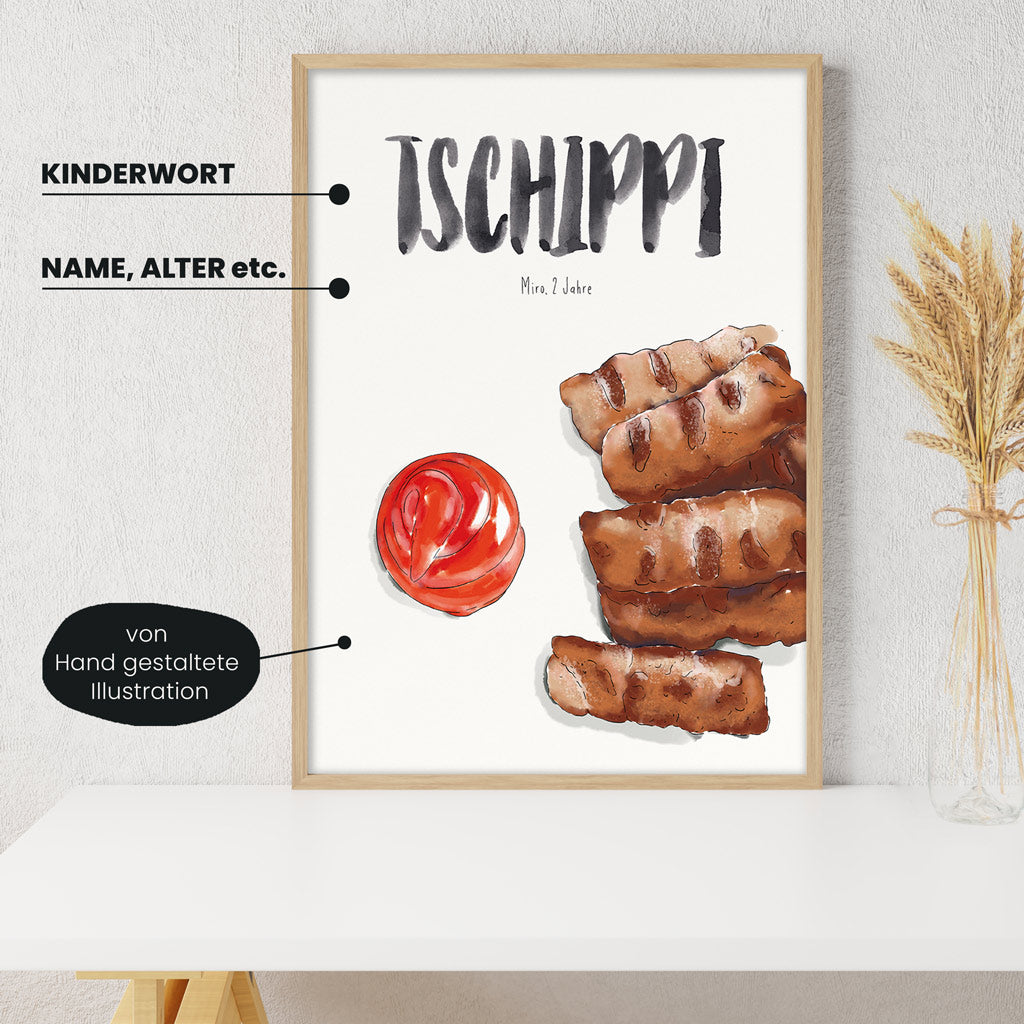 Detailansicht Kindermundposter Cevapcici: Erklärungen der personalisierbaren Elemente - einzigartiges Erinnerungsstück für Eltern