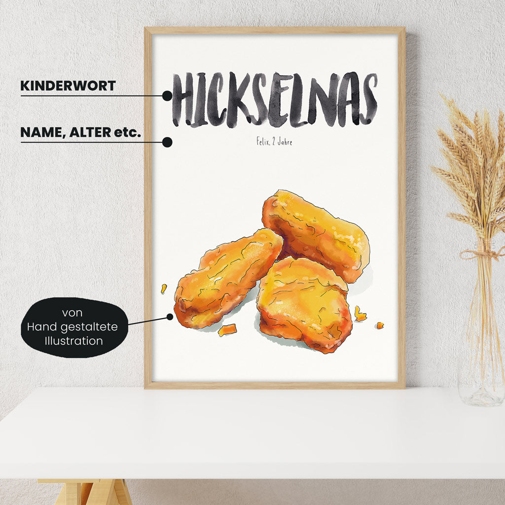 Detailansicht Kindermundposter Chicken Nuggets: Erklärungen der personalisierbaren Elemente - einzigartiges Erinnerungsstück für Eltern