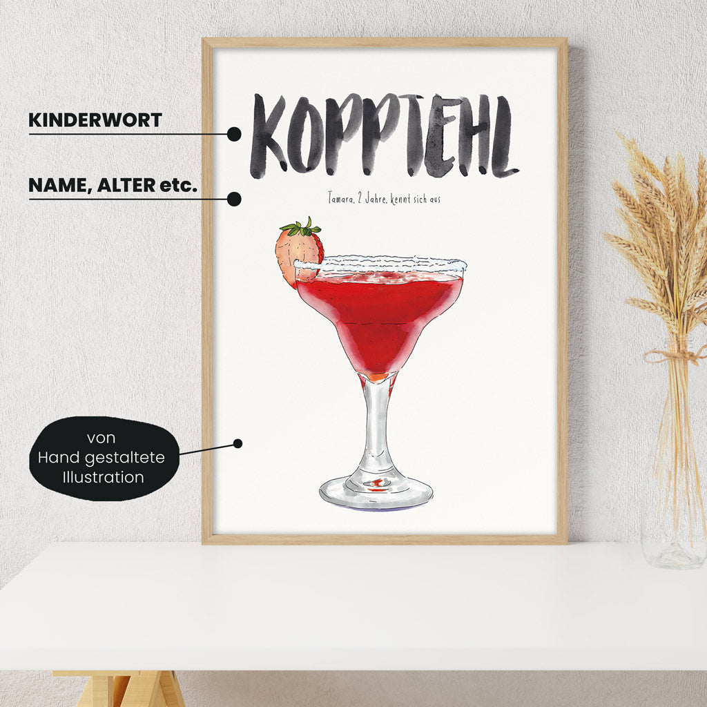 Detailansicht Kindermundposter Cocktail: Erklärungen der personalisierbaren Elemente - einzigartiges Erinnerungsstück für Eltern