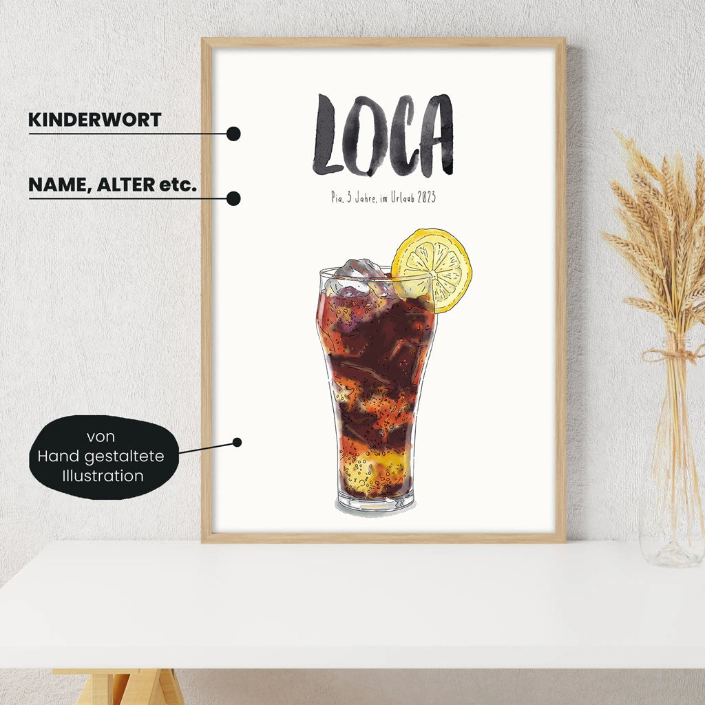 Detailansicht Kindermundposter Cola mit Erklärungen der personalisierbaren Elemente - einzigartiges Erinnerungsstück für Eltern