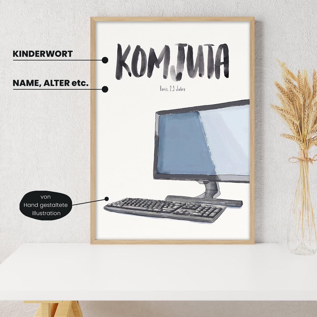 Detailansicht Kindermundposter Computer: Erklärungen der personalisierbaren Elemente - einzigartiges Erinnerungsstück für Eltern