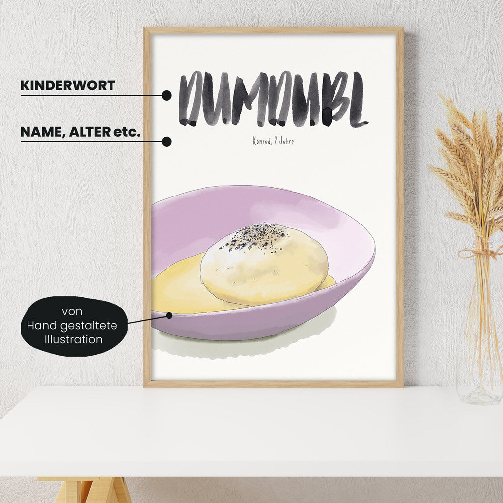 Detailansicht Kindermundposter Dampfnudel: Erklärungen der personalisierbaren Elemente - einzigartiges Erinnerungsstück für Eltern