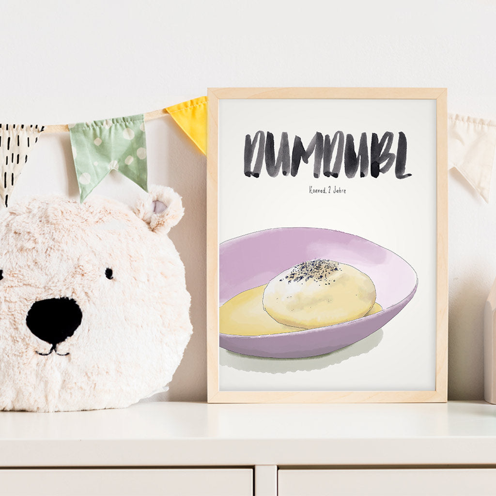 Kindermundposter Dampfnudel im Kinderzimmer – personalisiertes Poster als Dekoration und Geschenk