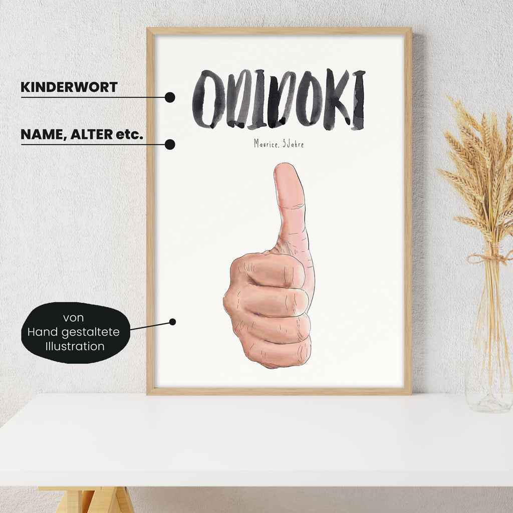 Detailansicht Kindermundposter Daumen hoch: Erklärungen der personalisierbaren Elemente - einzigartiges Erinnerungsstück für Eltern