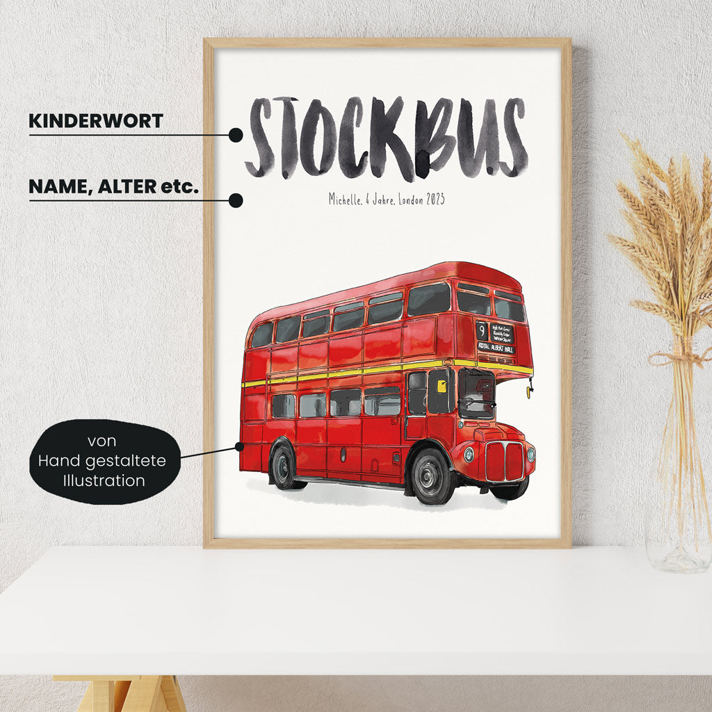 Detailansicht Kindermundposter Doppeldeckerbus: Erklärungen der personalisierbaren Elemente - einzigartiges Erinnerungsstück für Eltern