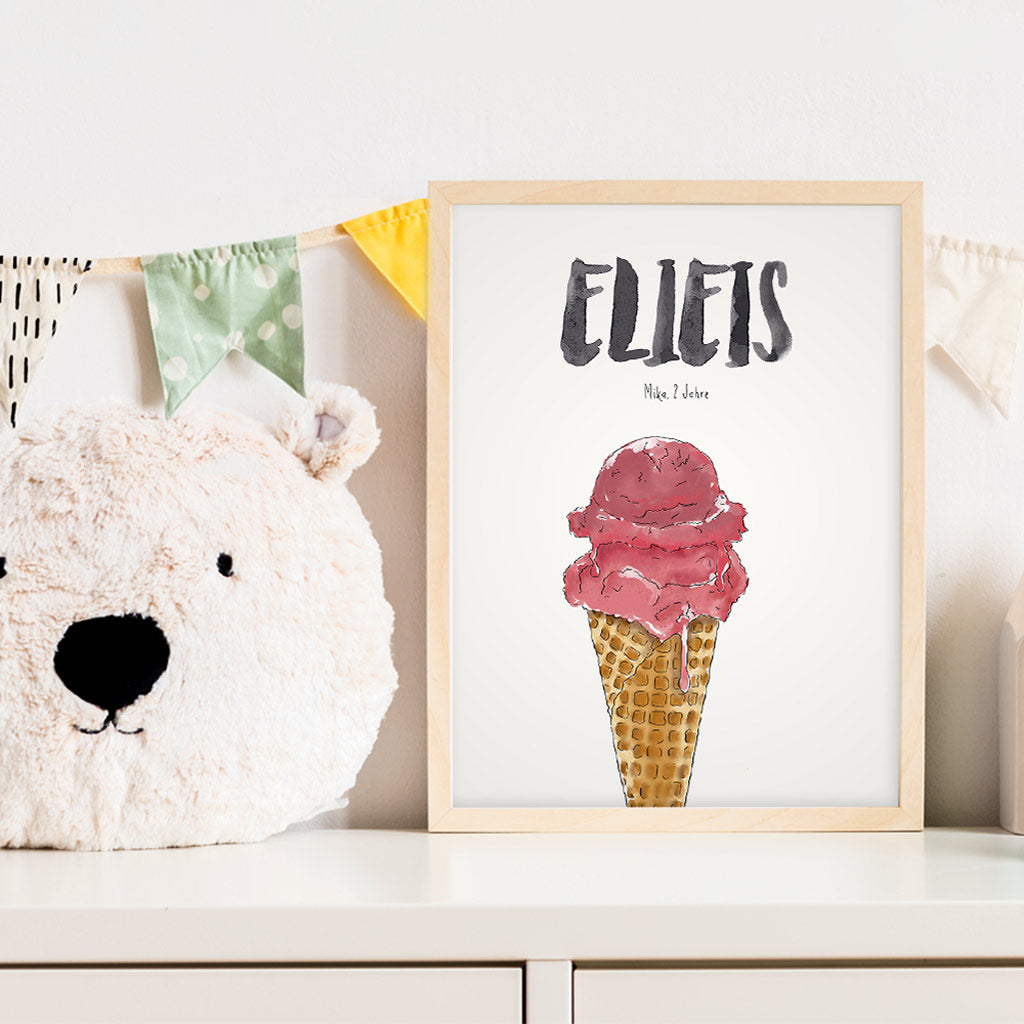Kindermundposter Erdbeer-Eis im Kinderzimmer – personalisiertes Poster als Dekoration und Geschenk
