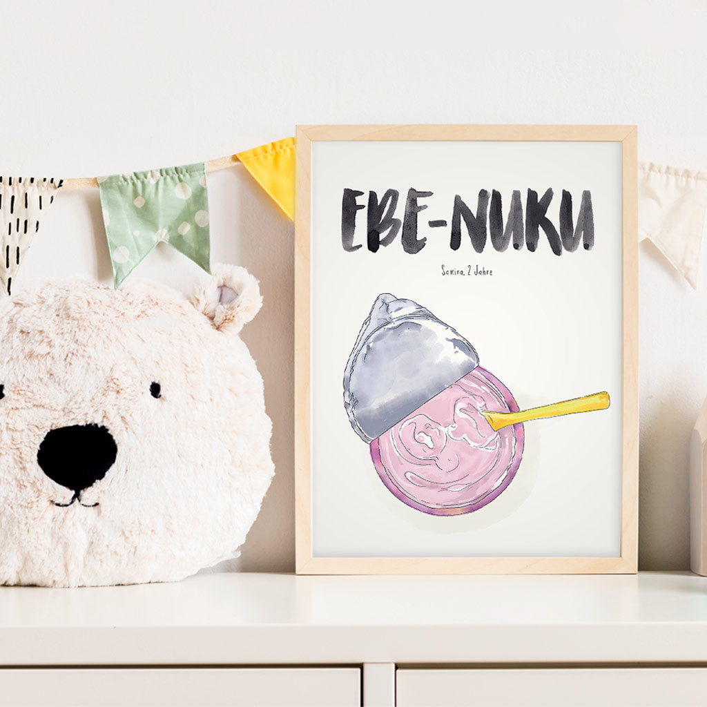 Kindermundposter Erdbeer-Joghurt im Kinderzimmer – personalisiertes Poster als Dekoration und Geschenk