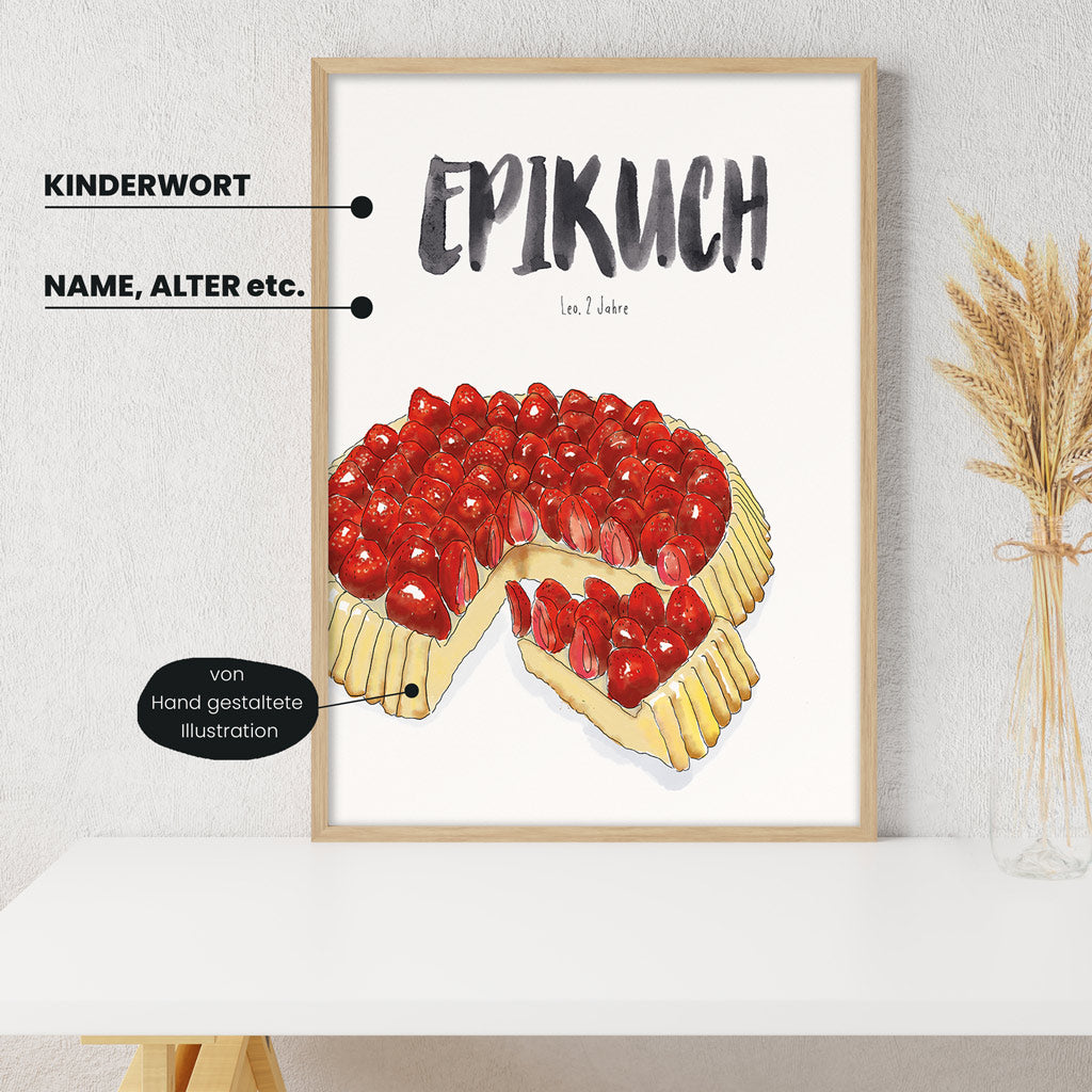 Detailansicht Kindermundposter Erdbeerkuchen mit Erklärungen der personalisierbaren Elemente - einzigartiges Erinnerungsstück für Eltern