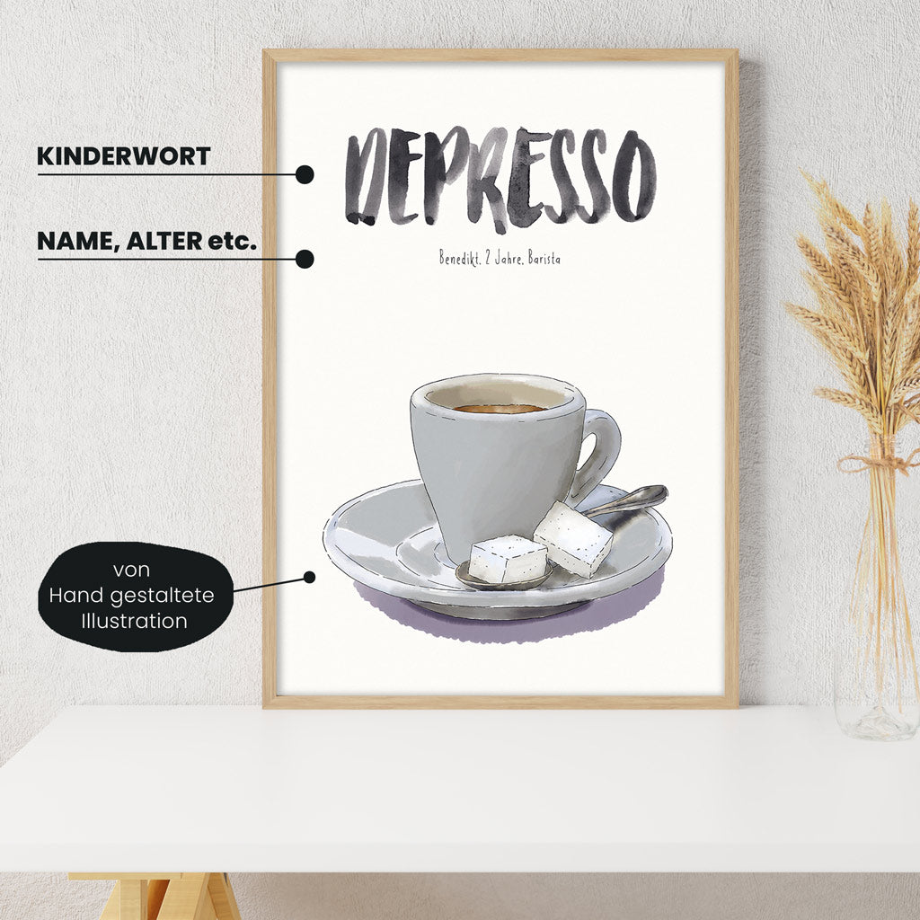 Detailansicht Kindermundposter Espresso: Erklärungen der personalisierbaren Elemente - einzigartiges Erinnerungsstück für Eltern